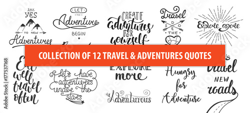 Set of adventure and travel vector hand drawn unique typography design element for greeting cards, decoration, prints and posters. Modern calligraphy. Handwritten lettering.