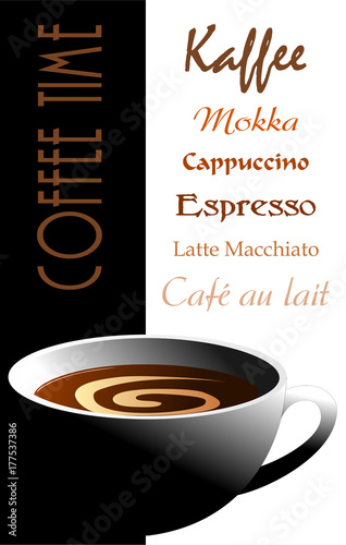 Kaffee mit Crema in Kaffeetasse mit Schrift