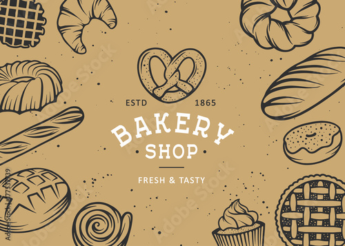 Set of vector bakery engraved elements. Typography design with bread, pastry, pie, buns, sweets, cupcake. Collection of modern linear graphic on vintage background. Bakery shop logotype. Top view.