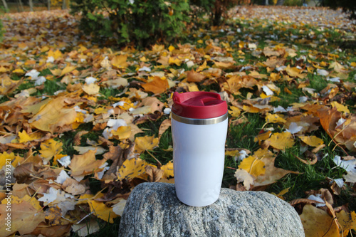 travel  mug  outdor in yellow  leafs