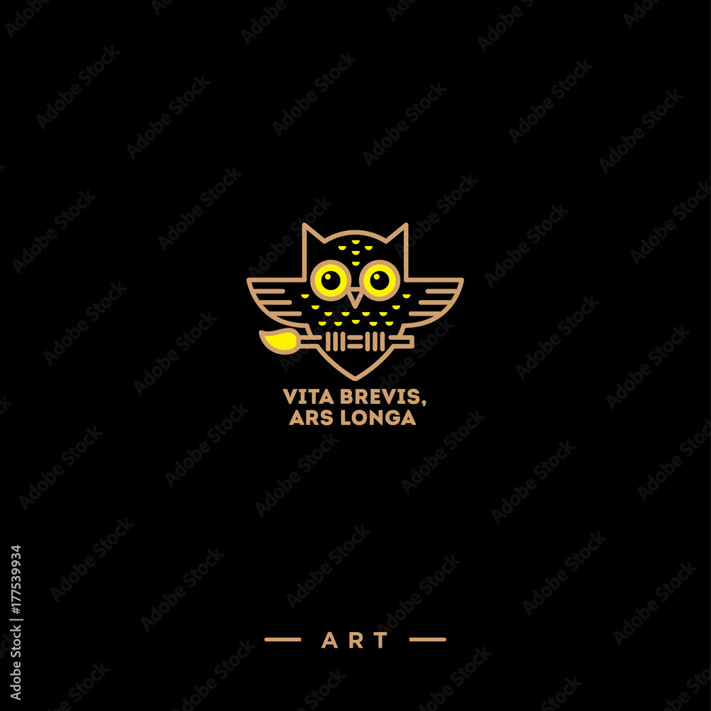 Art owl logo. Owl with brush emblem. Owl with a brush on a black background.