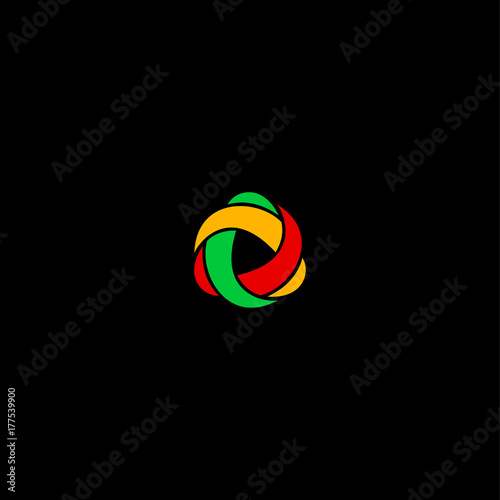 3 color ribbon logo. Colorful emblem. Industrial tangled lines logo, isolated on a dark background.