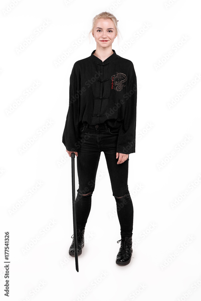 Fototapeta premium Girl samurai on background isolated