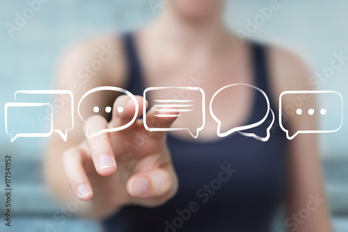 Businesswoman holding and touching discussion icons sketch