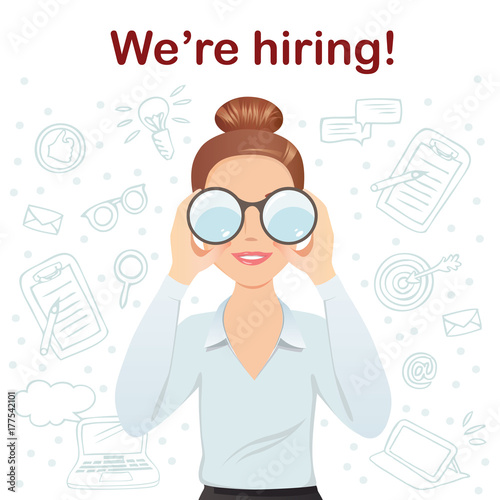 HR manager hires a Professional for the position. Manager looks through binoculars and try to find a candidate for the vacancy. Flat design, vector cartoon illustration.