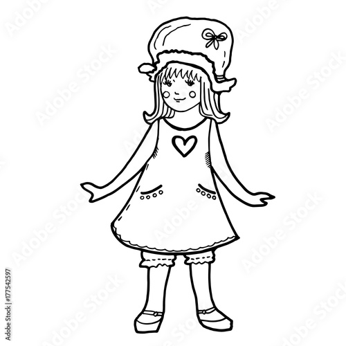 Figure of a little girl in bonnet, short dress and pantalettes. Black contour illustration for coloring book pages, kids prints, clothes, designs.