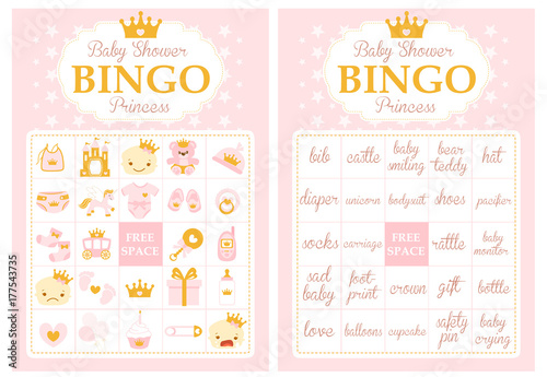 Pink and gold princess baby shower party. Bingo game. Printable template cards. Collection of baby girl vector elements. Cute royal design with crown.