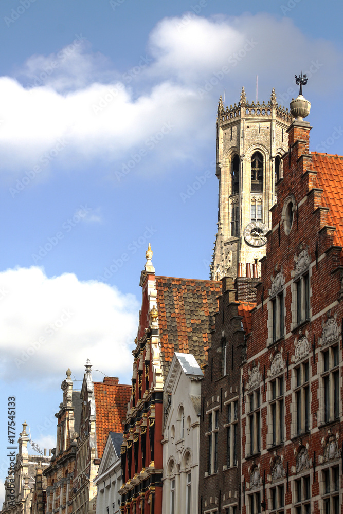 The medieval architecture of Bruges, details of the building and the tower