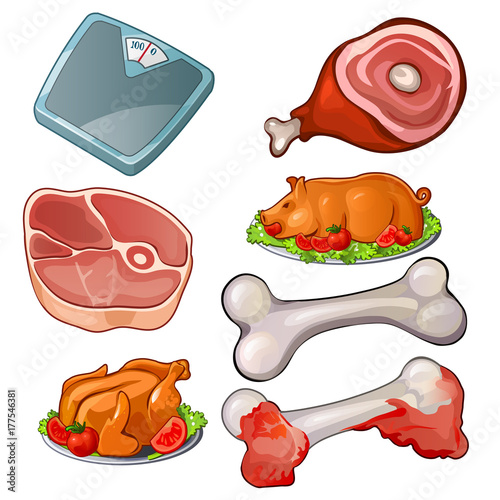 Meat set - pieces of raw meat, scales, bones, cooked pig and chicken with vegetables. Vector food collection of seven images. Cuisine product isolated on white. Vector illustration in cartoon style