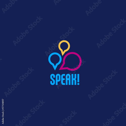 Language school logo. Communication or Chat room. Three multi-colored bubble on a blue background
