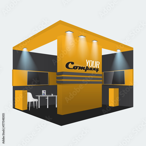 Exhibition stand display trade booth mockup design, orange and black colors.