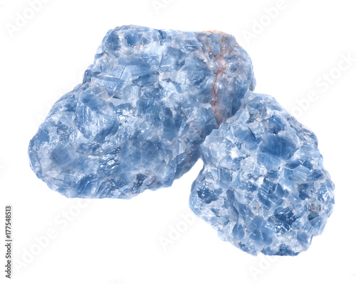 Raw blue calcite clusters isolated on white background photo