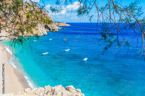 Kira Panagia beach with its beautiful blue water, Karpathos island, Greece