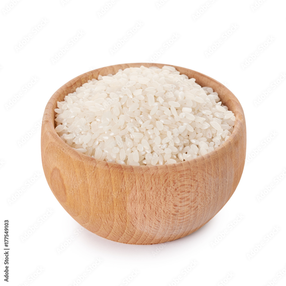 raw Jasmine rice in wooden pot isolated on white background raw Jasmine rice in wooden pot isolated on white background