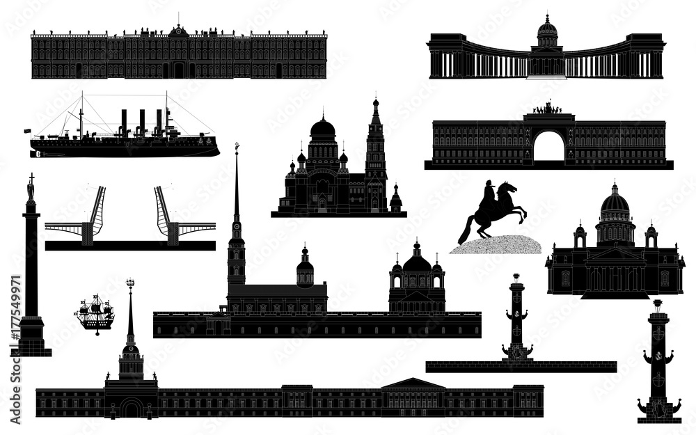 Obraz premium St. Petersburg Landmark Icon Set, vector