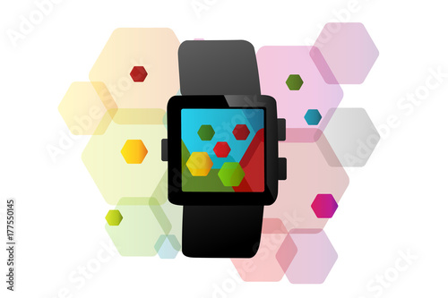 Fototapeta Naklejka Na Ścianę i Meble -  Smart watch concept with watch symbol over colorful abstract hexagon shapes 