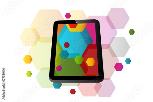 Tablet concept with tablet symbol over colorful abstract hexagon shapes 