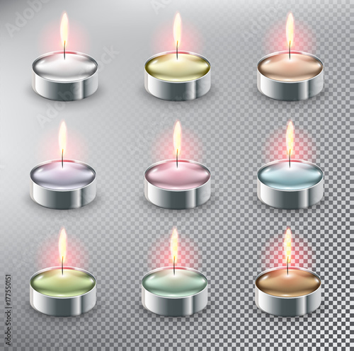 Set of 9 colorful vector tea candles. Aromatic tealight candles. Realistic and isolated with transparent burning flame and shadow on the white background. Vector illustration. Eps10.