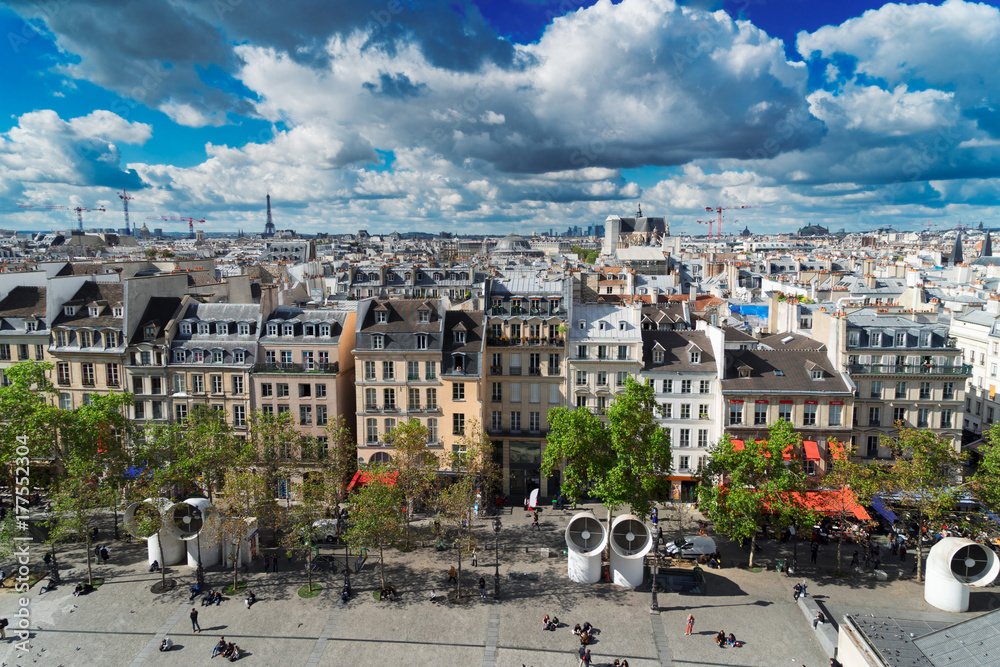 Square of Georges Pompidou and cityscape of Paris France
