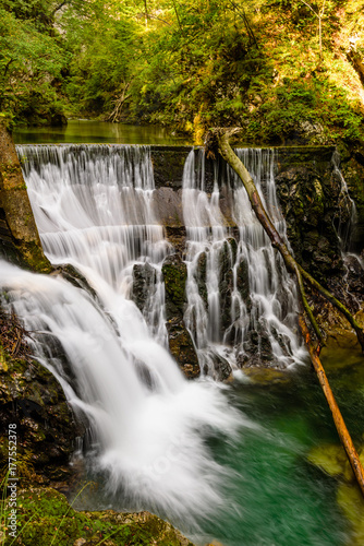 Waterfall at the Vintgar gorge  beauty of nature  with river Radovna flowing through  near Bled  Slovenia.