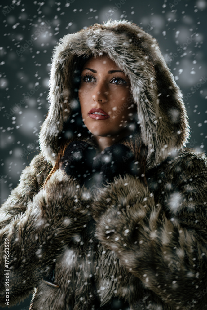 Girl Is Looking Through Snowflakes Girl Is Looking Through Snowflakes