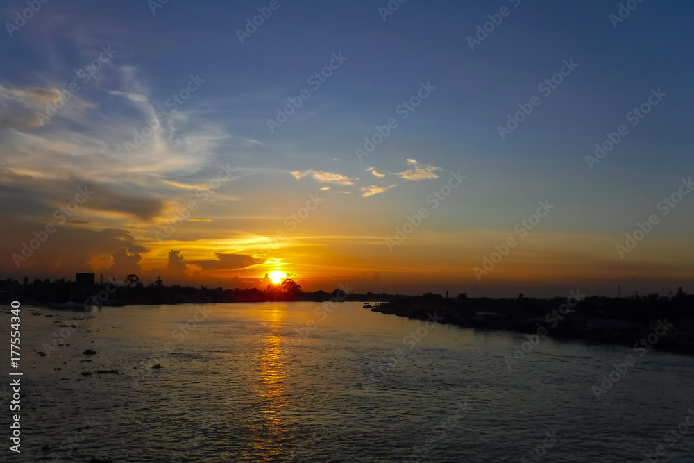 View of the Chao Phraya River at sunset, Bangkok, Thailand