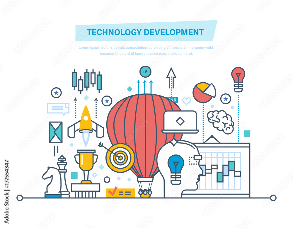Naklejka premium Technology development. Start-up, creative, technology, business processes, implementation of ideas.