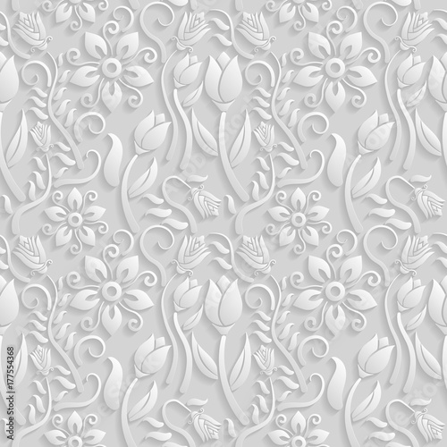 Seamless 3D white pattern, natural  floral pattern, vector. Endless texture can be used for wallpaper, pattern fills, web page  background,  surface textures. photo