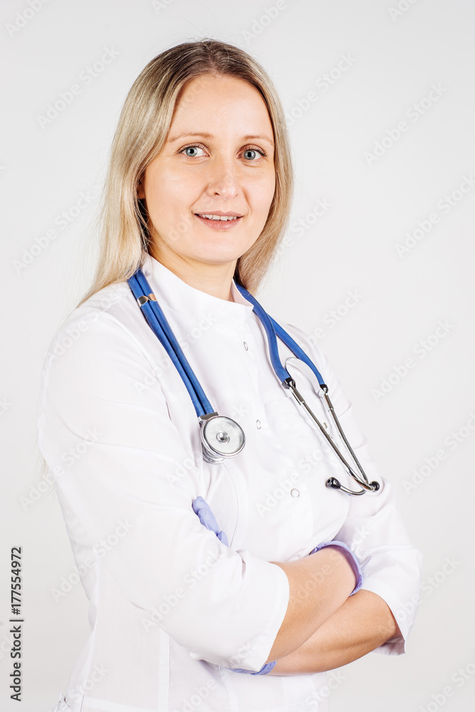 woman doctor with stethoscope on a white background woman doctor with stethoscope on a white background