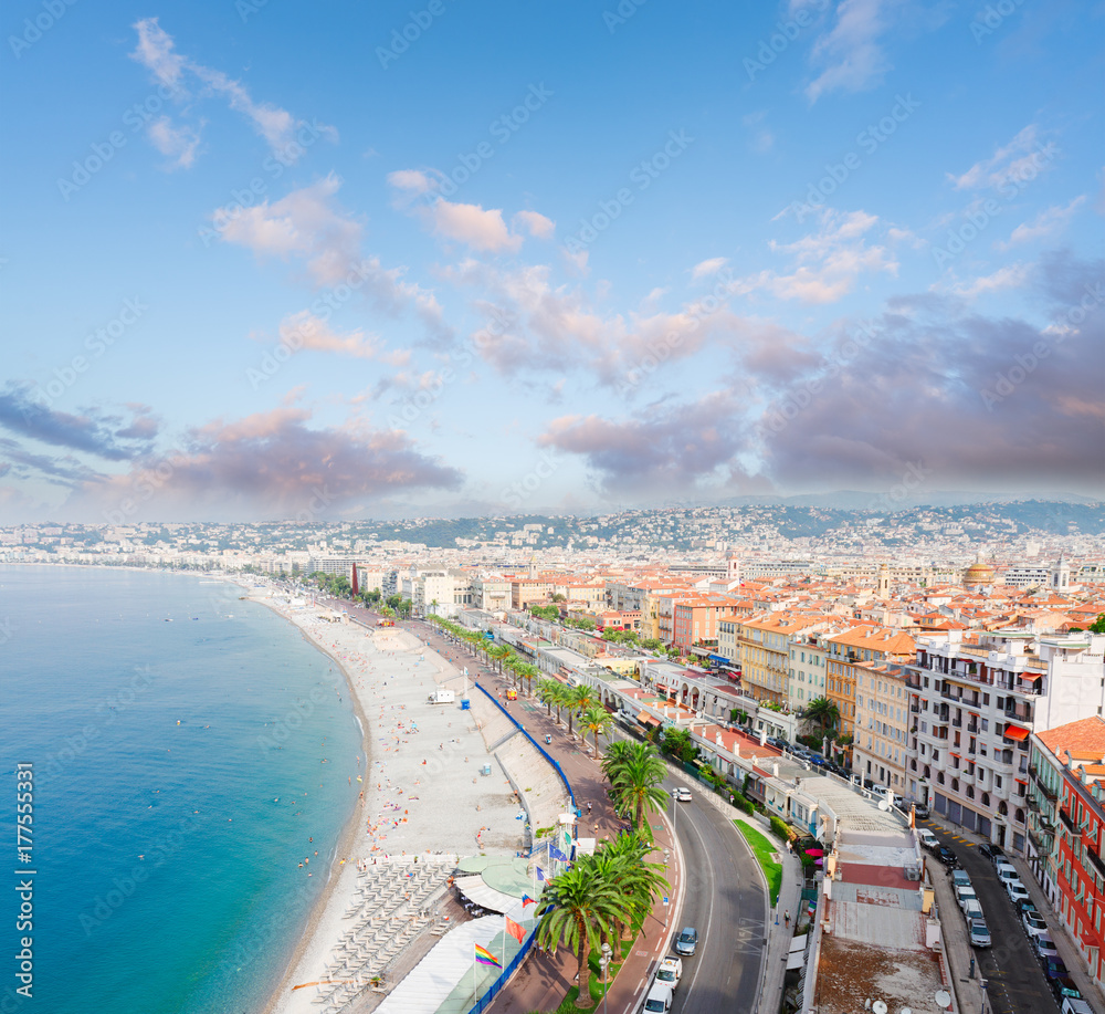 cityscape of Nice with beach and sea from above at sunrise, cote dAzur, France