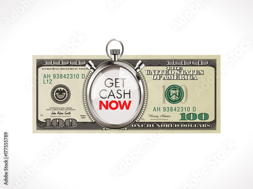 Get cash now - fast loan concept - 100 dollars with stopwatch