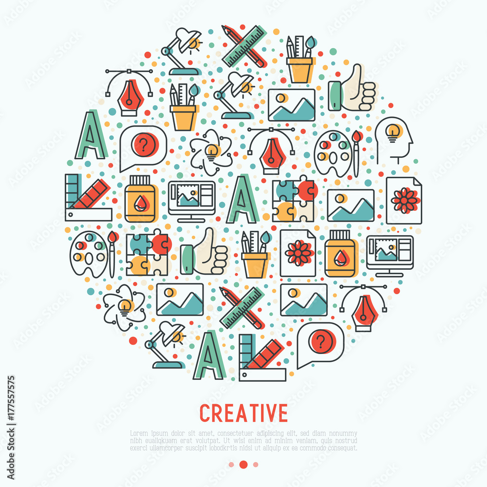 Creative concept in circle with thin line icons of idea, puzzle, color palette, brushes, creative vision, development design. Vector illustration of banner, web page, print media.