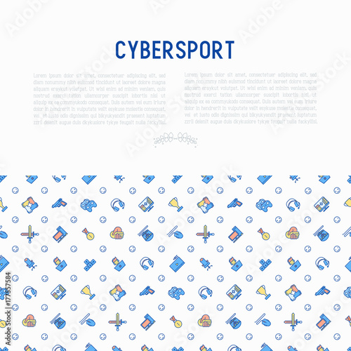 Cybersport concept with thin line icons: gamer, computer games, pc, headset, mouse, game controller. Modern vector illustration for banner, web page, print media.