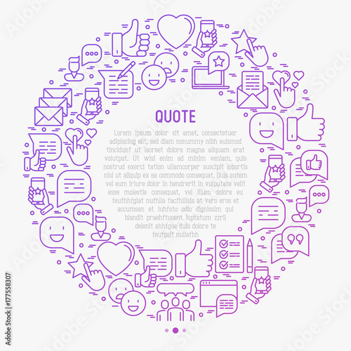 Testimonials and quote concept in circle with thin line icons of review, feedback, survey, comment. Vector illustration for banner, web page, print media.
