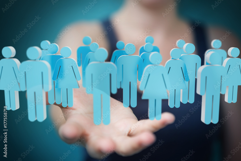 Businesswoman holding and touching 3D rendering group of blue people Businesswoman holding and touching 3D rendering group of blue people
