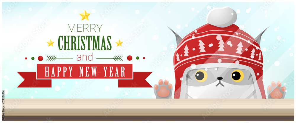 Merry Christmas and Happy New Year background with cat looking at empty table top , vector , illustration Merry Christmas and Happy New Year background with cat looking at empty table top , vector , illustration