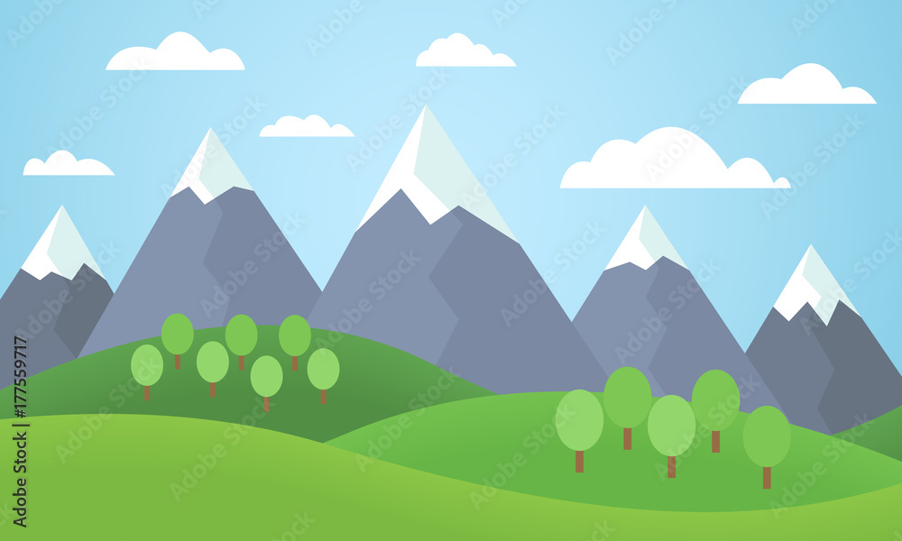 Vector illustration of a mountain landscape with trees and grass with mountain peaks covered with snow under a blue sky - flat design