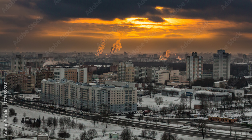 MINSK, BELARUS Aerial view of the Minsk in sundown with a beautiful clouds