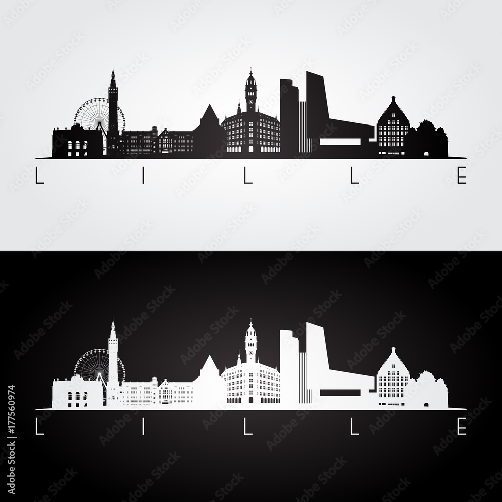 Fototapeta premium Lille skyline and landmarks silhouette, black and white design, vector illustration.