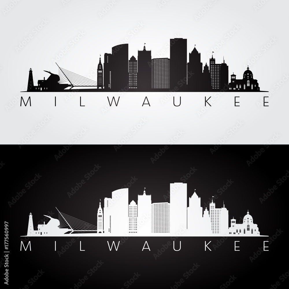 Milwaukee usa skyline and landmarks silhouette, black and white design