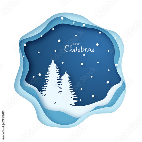 Origami snowy Christmas tree forest. Merry Christmas and Happy New Year. Paper art style. Greeting card. Vector illustration.