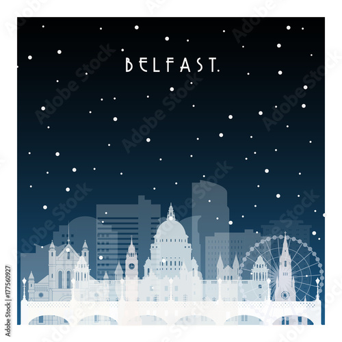 Winter night in Belfast. Night city in flat style for banner, poster, illustration, game, background.