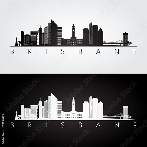 Brisbane skyline and landmarks silhouette, black and white design, vector illustration.