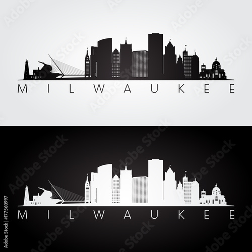 Milwaukee usa skyline and landmarks silhouette, black and white design, vector illustration.