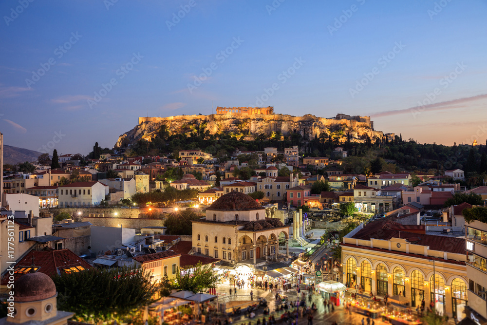 Athens, Greece. Acropolis rock and Monastiraki square