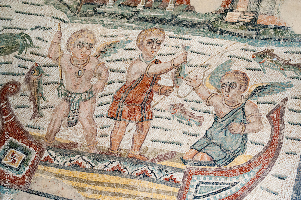 Old roman mosaics: view of figures and motifs in the floor of the old roman Villa del Casale of the 4th century A.C. in the town Piazza Armerina, Sicily
