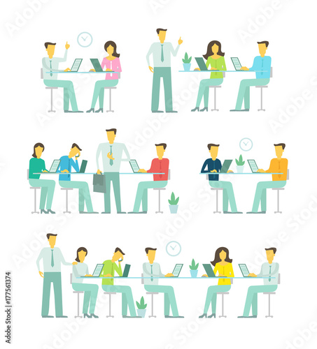 Office team business people big set discussing meeting sit at the table working. Brainstorming talking optimistic