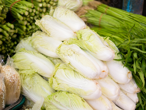 Chinese Cabbage or napa cabbage on the market. (Brassica rapa subsp, pekinensis.) Close up many of fresh organic vegetables on the local market on countryside of Thailand. - Selective focus.