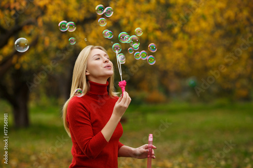 girl with soap bubbles. camping