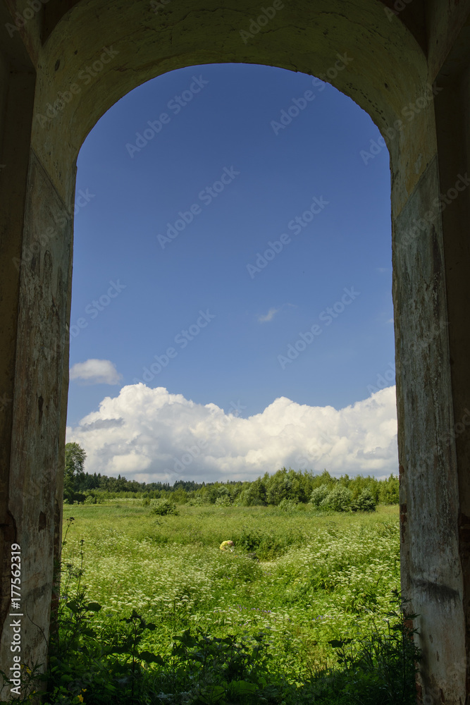 Archway of abandoned church in Moscow Region, Russia